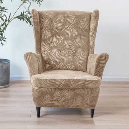 BEZUG für OHRENSESSEL Muster GEPRÄGTE PALMENBLÄTTER VELOURS BEIGE