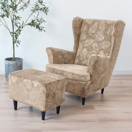 BEZUG für OHRENSESSEL Muster GEPRÄGTE PALMENBLÄTTER VELOURS BEIGE