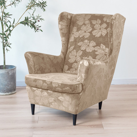 BEZUG für OHRENSESSEL Muster GEPRÄGTE HIBISKUSBLÜTEN VELOURS BEIGE