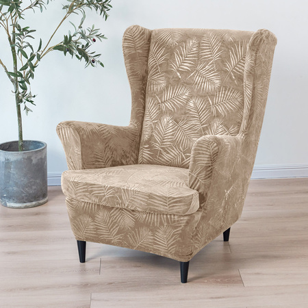BEZUG für OHRENSESSEL Muster GEPRÄGTE PALMENBLÄTTER VELOURS BEIGE